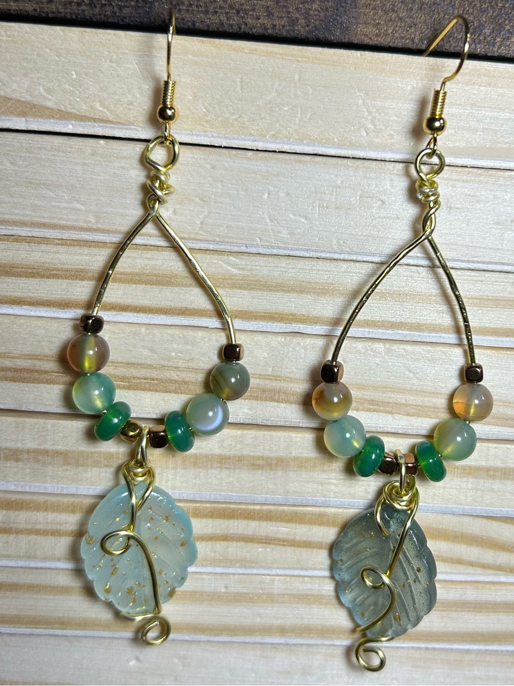 3/$25 Leaf Drop Earrings with Green and Amber Beads